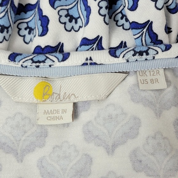 Boden Women's 8R Blue White Floral Smocked Waist Short Sleeve Coastal Midi Dre - Picture 7 of 10